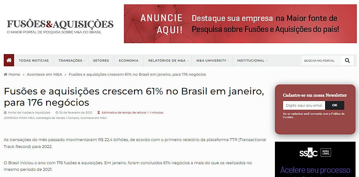 Fuses e aquisies crescem 61% no Brasil em janeiro, para 176 negcios